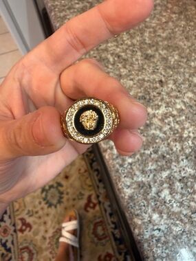 Gold Lion Medallion Ring with Black Enamel and Crystals